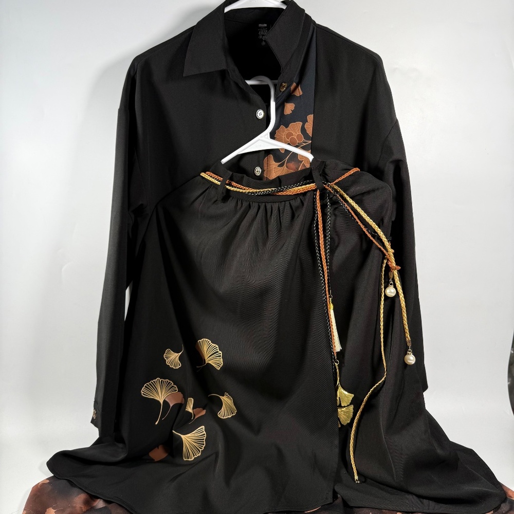 Black Dress Gold Ginkgo Leaf Belt Shirt Set Elegant Outfit Size S
